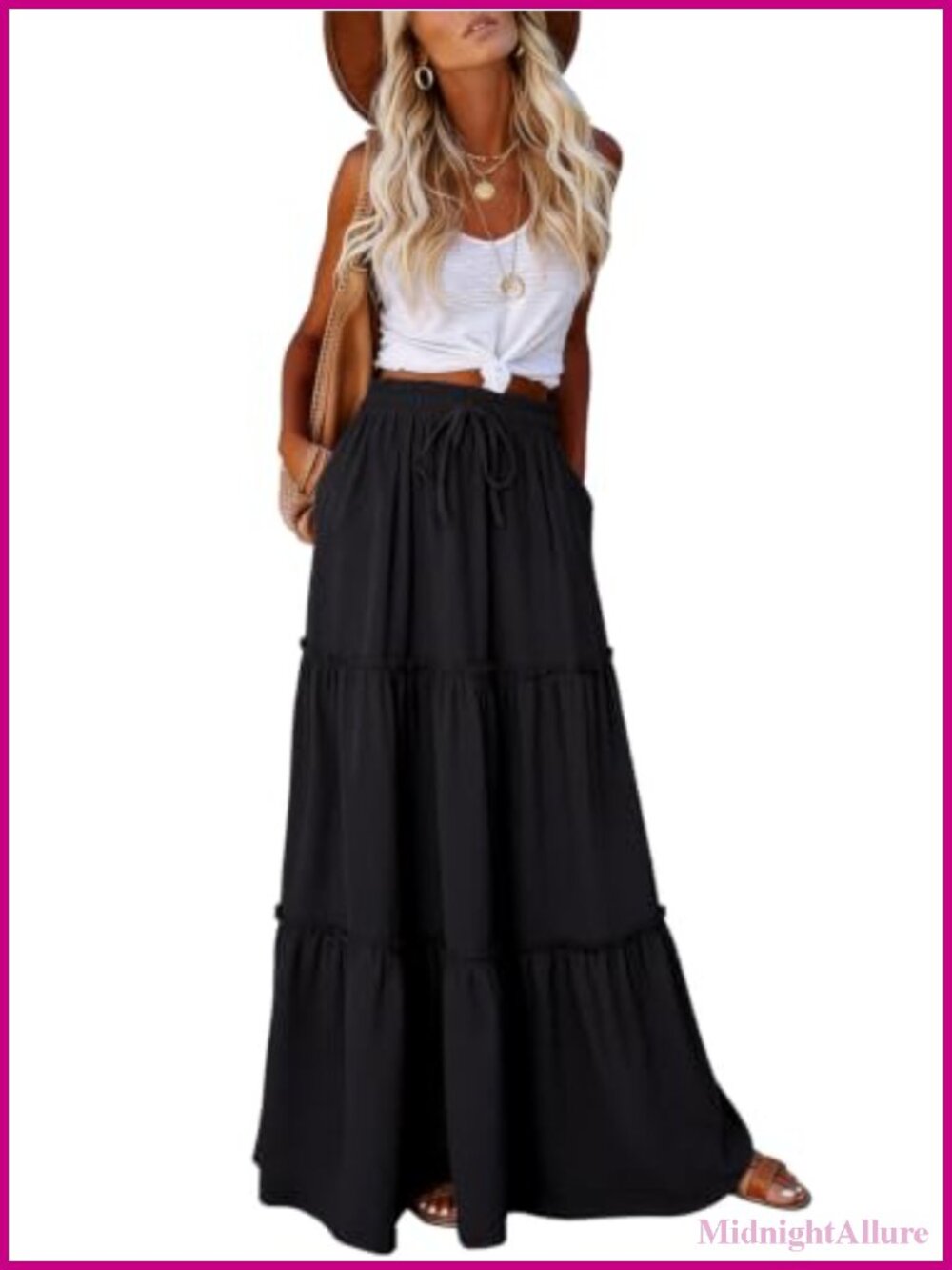 Flowy Tiered Maxi Skirt with Pockets High Waist